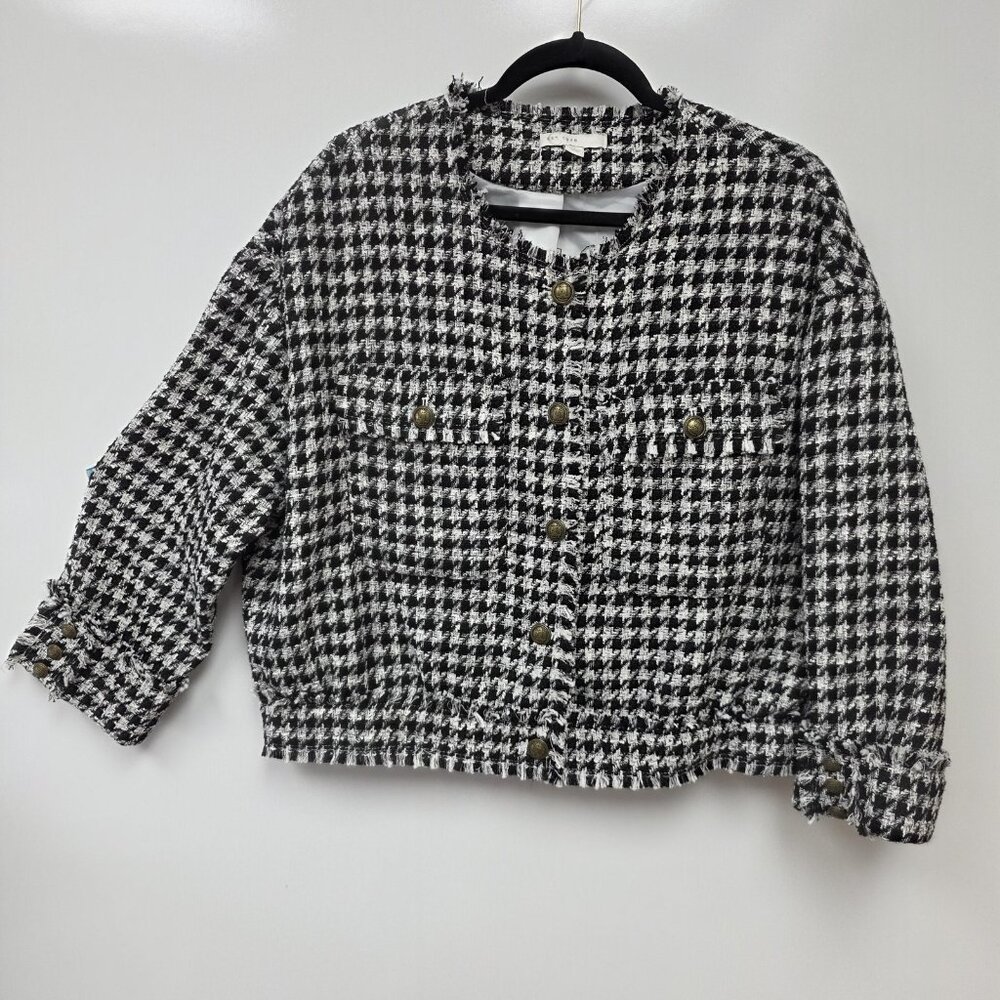 EST. 1946 Jacket Womens XL Black White Tweed Houndstooth Fringe Button Short